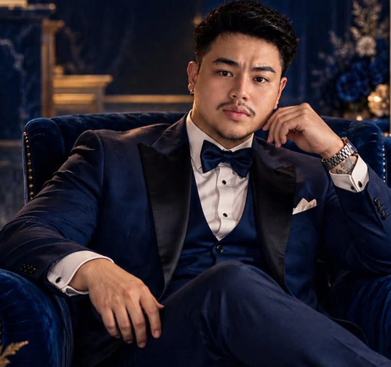 Ean in a navy evening suit, seated in a blue velvet chair
